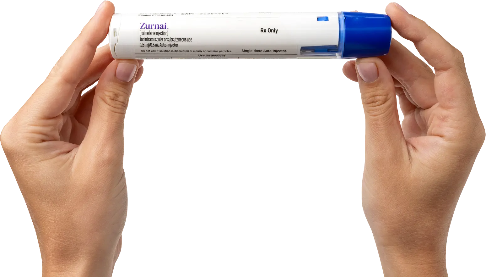 Two female hands holding the ZURNAI auto-injector