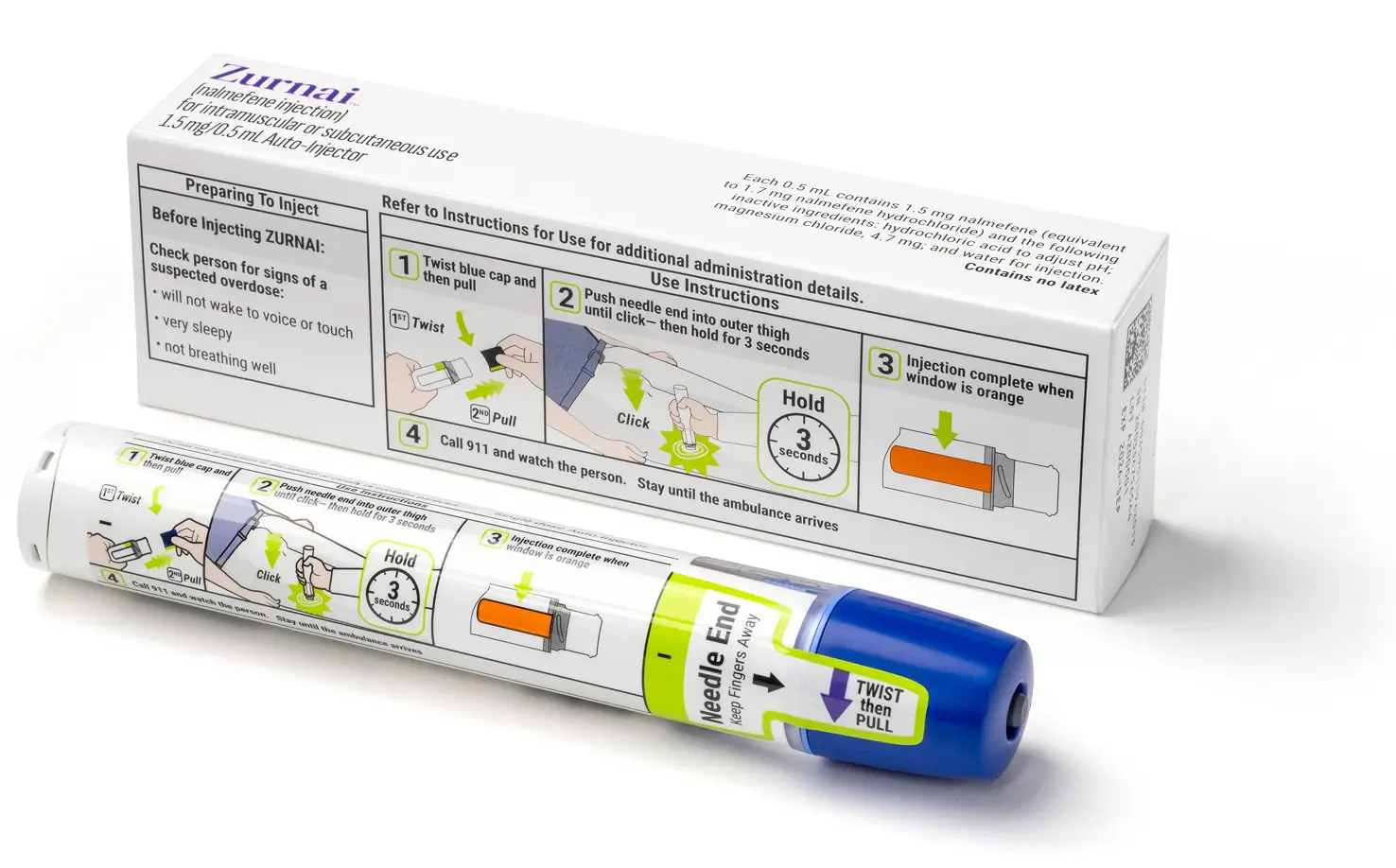 ZURNAI auto-injector carton and ZURNAI auto-injector with the instructions for use printed on the side
